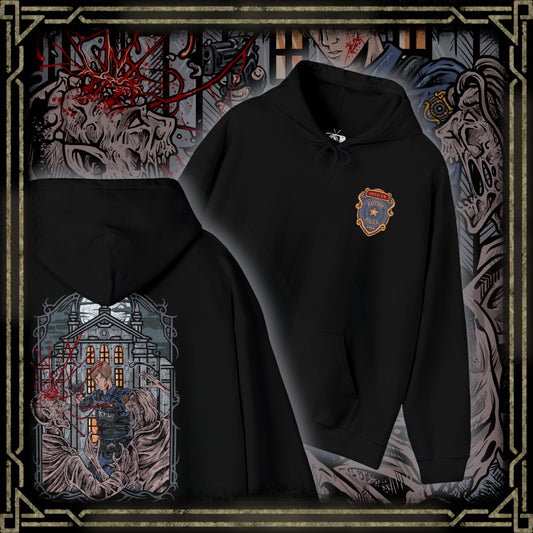 Thumbnail of a Hooded Sweatshirt of Leon S. Kennedy from Resident Evil 2, an inexperienced officer facing a relentless zombie horde, standing amid the destruction of Raccoon City. With weapon raised and enemies closing in, the scene captures a classic survival horror moment fueled by tension, danger, and the will to endure.