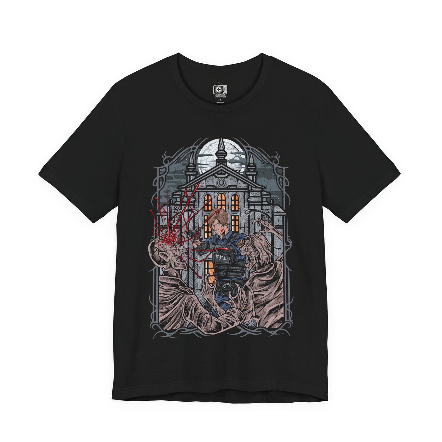 Image 4 of a T-shirt design of Leon S. Kennedy from Resident Evil 2, a rookie police officer battling through a zombie outbreak in Raccoon City, standing in a dimly lit street filled with chaos. He aims his handgun at approaching undead as shadows close in around him, capturing a determined survivor defined by courage, precision, and relentless pressure.