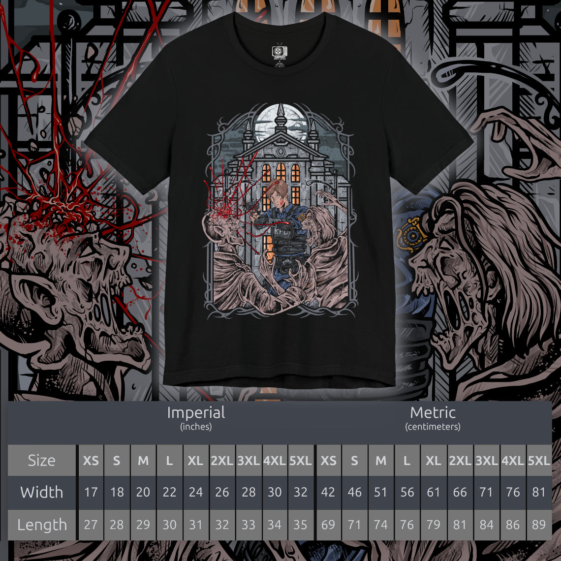 Size chart of a T-shirt design of Leon S. Kennedy from Resident Evil 2, a rookie police officer battling through a zombie outbreak in Raccoon City, standing in a dimly lit street filled with chaos. He aims his handgun at approaching undead as shadows close in around him, capturing a determined survivor defined by courage, precision, and relentless pressure.