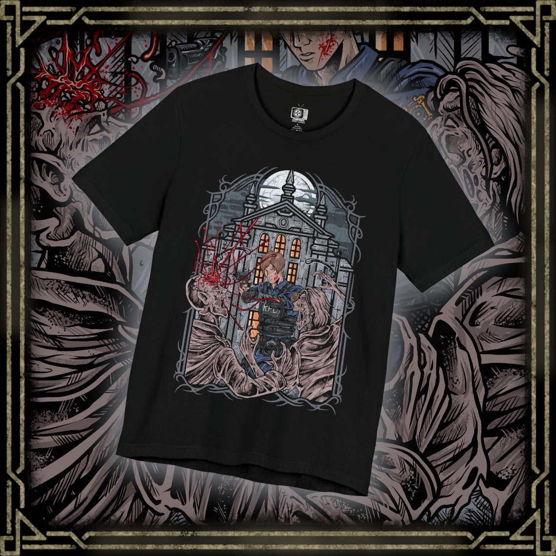 Thumbnail of a T-shirt design of Leon S. Kennedy from Resident Evil 2, a rookie police officer battling through a zombie outbreak in Raccoon City, standing in a dimly lit street filled with chaos. He aims his handgun at approaching undead as shadows close in around him, capturing a determined survivor defined by courage, precision, and relentless pressure.