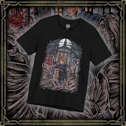 Thumbnail of a T-shirt design of Leon S. Kennedy from Resident Evil 2, a rookie police officer battling through a zombie outbreak in Raccoon City, standing in a dimly lit street filled with chaos. He aims his handgun at approaching undead as shadows close in around him, capturing a determined survivor defined by courage, precision, and relentless pressure.
