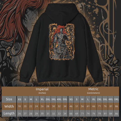 Size chart of a Hooded Sweatshirt featuring Radagon of the Golden Order from Elden Ring, the mysterious figure whose soul is forever intertwined with Queen Marika’s. As the living embodiment of the Golden Order, he seeks perfection through divine law and sacrifice. This design honors his brilliant yet fractured nature—a god torn between devotion, duty, and the weight of eternity.