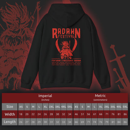 Size chart of a Hooded Sweatshirt featuring the iconic Radahn Festival from Elden Ring in a rock concert style, celebrating General Radahn’s legendary showdown with fierce warriors, perfect for fans who love the epic scale and energy of this unforgettable battle in the Lands Between.
