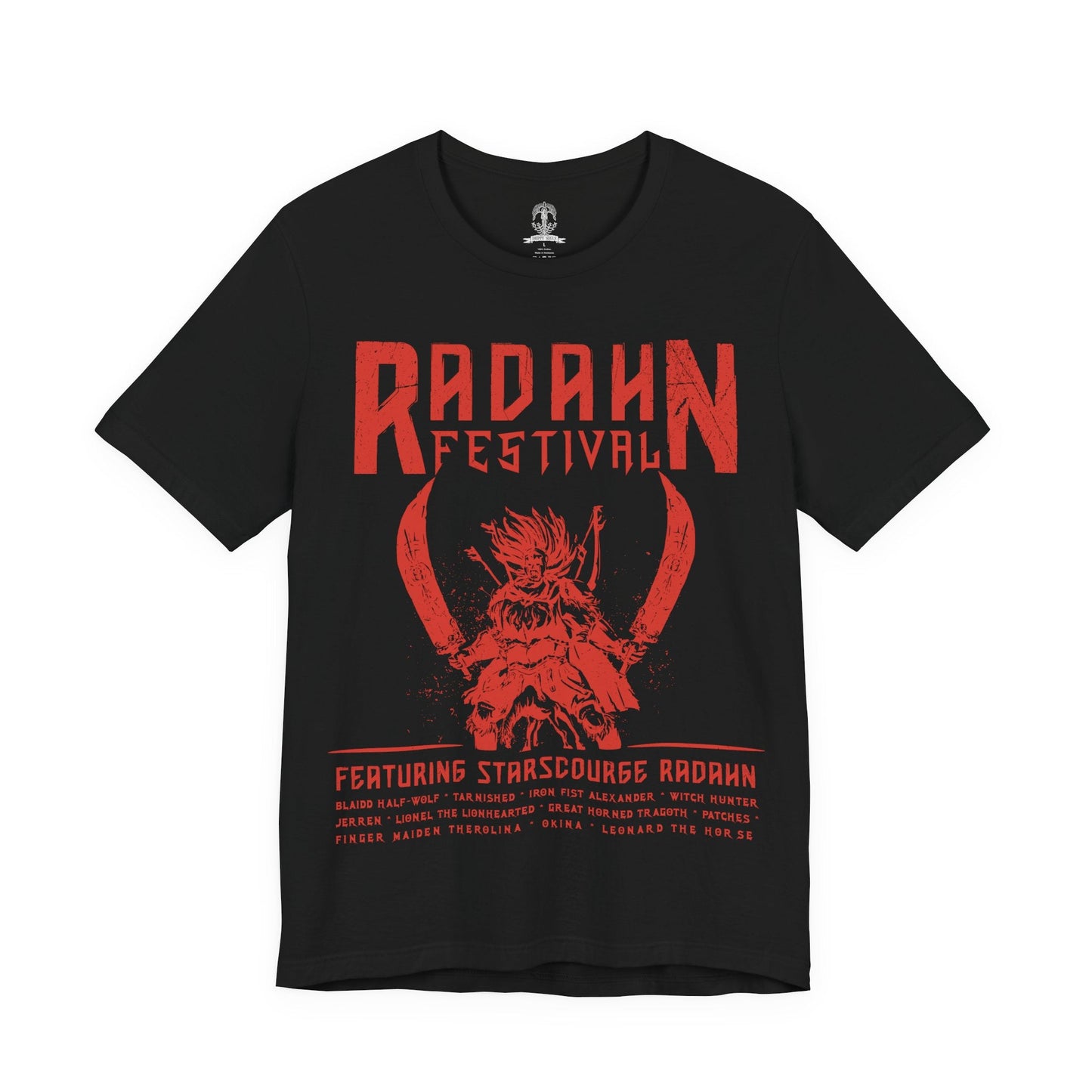 Image 4 of a T-shirt featuring the iconic Radahn Festival from Elden Ring in a rock concert style, celebrating General Radahn’s legendary showdown with fierce warriors, perfect for fans who love the epic scale and energy of this unforgettable battle in the Lands Between.