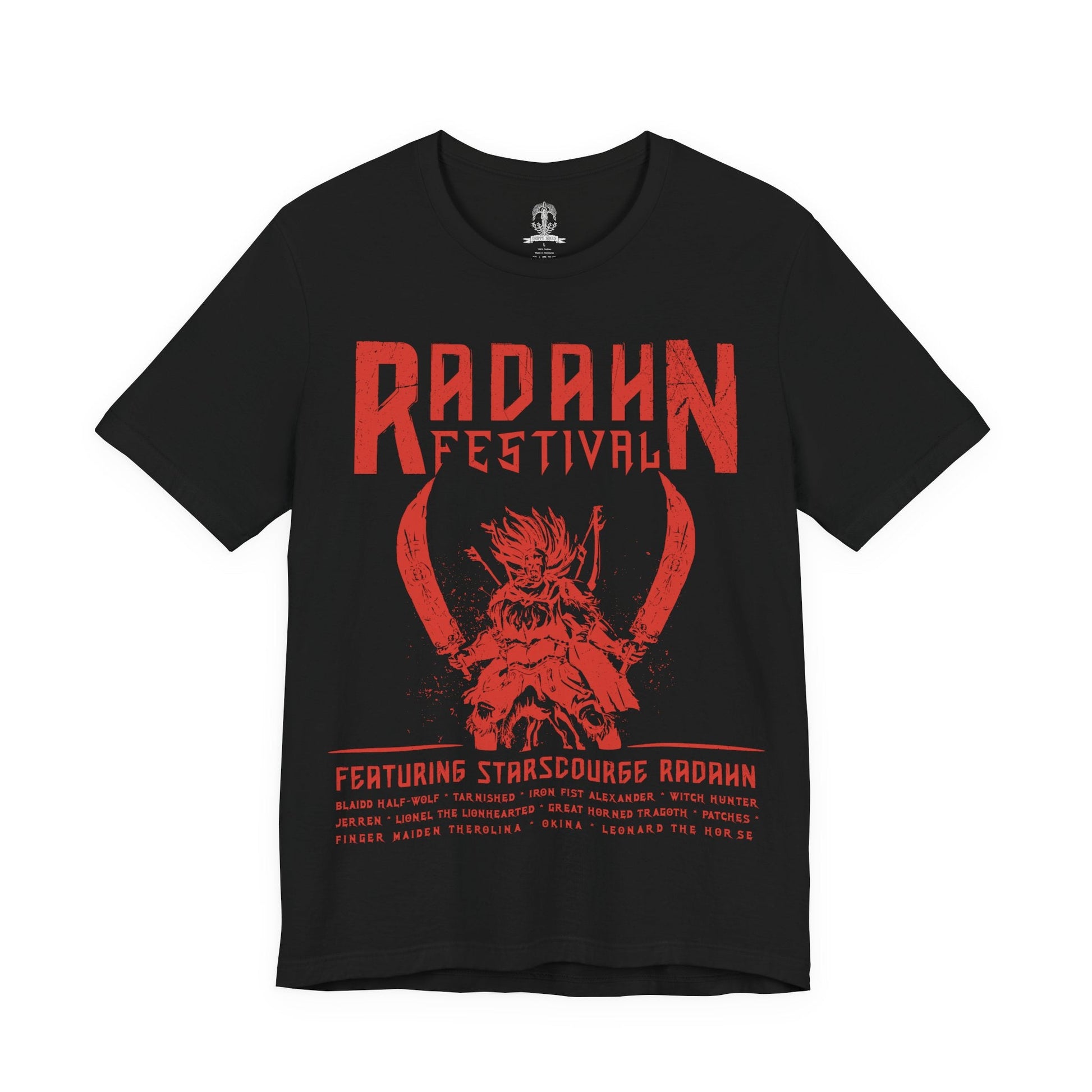 Image 4 of a T-shirt featuring the iconic Radahn Festival from Elden Ring in a rock concert style, celebrating General Radahn’s legendary showdown with fierce warriors, perfect for fans who love the epic scale and energy of this unforgettable battle in the Lands Between.