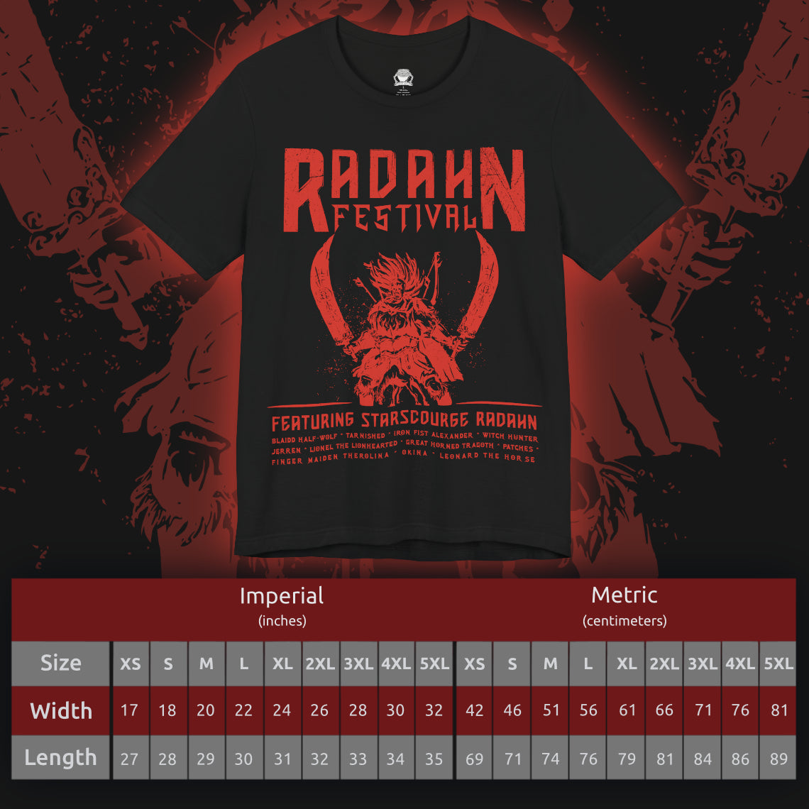 Size chart of a T-shirt featuring the iconic Radahn Festival from Elden Ring in a rock concert style, celebrating General Radahn’s legendary showdown with fierce warriors, perfect for fans who love the epic scale and energy of this unforgettable battle in the Lands Between.
