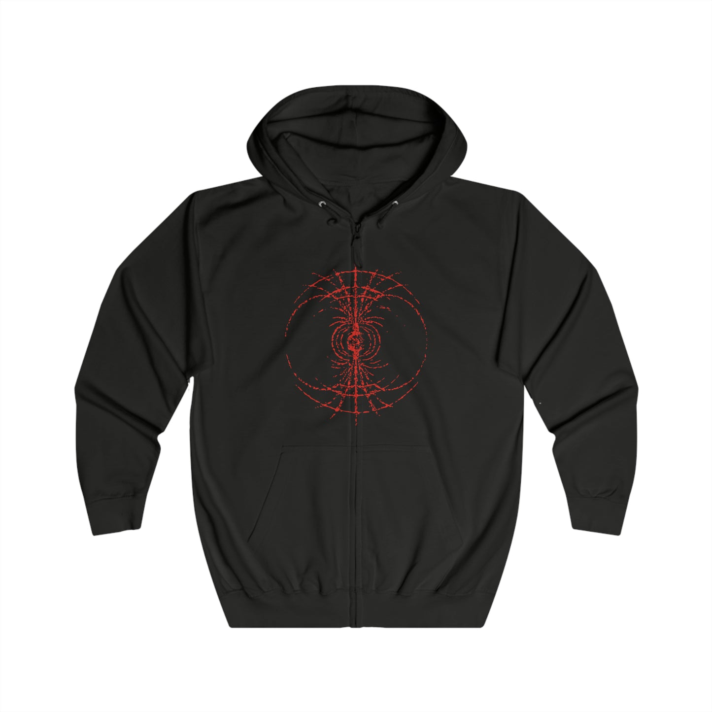 Image 4 of a Zip-up Hooded Sweatshirt featuring the Radahn Festival from Elden Ring, the legendary gathering where warriors from across the Lands Between unite to challenge General Radahn, the Starscourge. Held in the ruins of Redmane Castle, the festival celebrates bravery, madness, and cosmic tragedy. This design captures the grandeur of the event—heroes charging beneath the scarlet skies of Caelid to face the demigod astride his spectral steed, Leonard.
