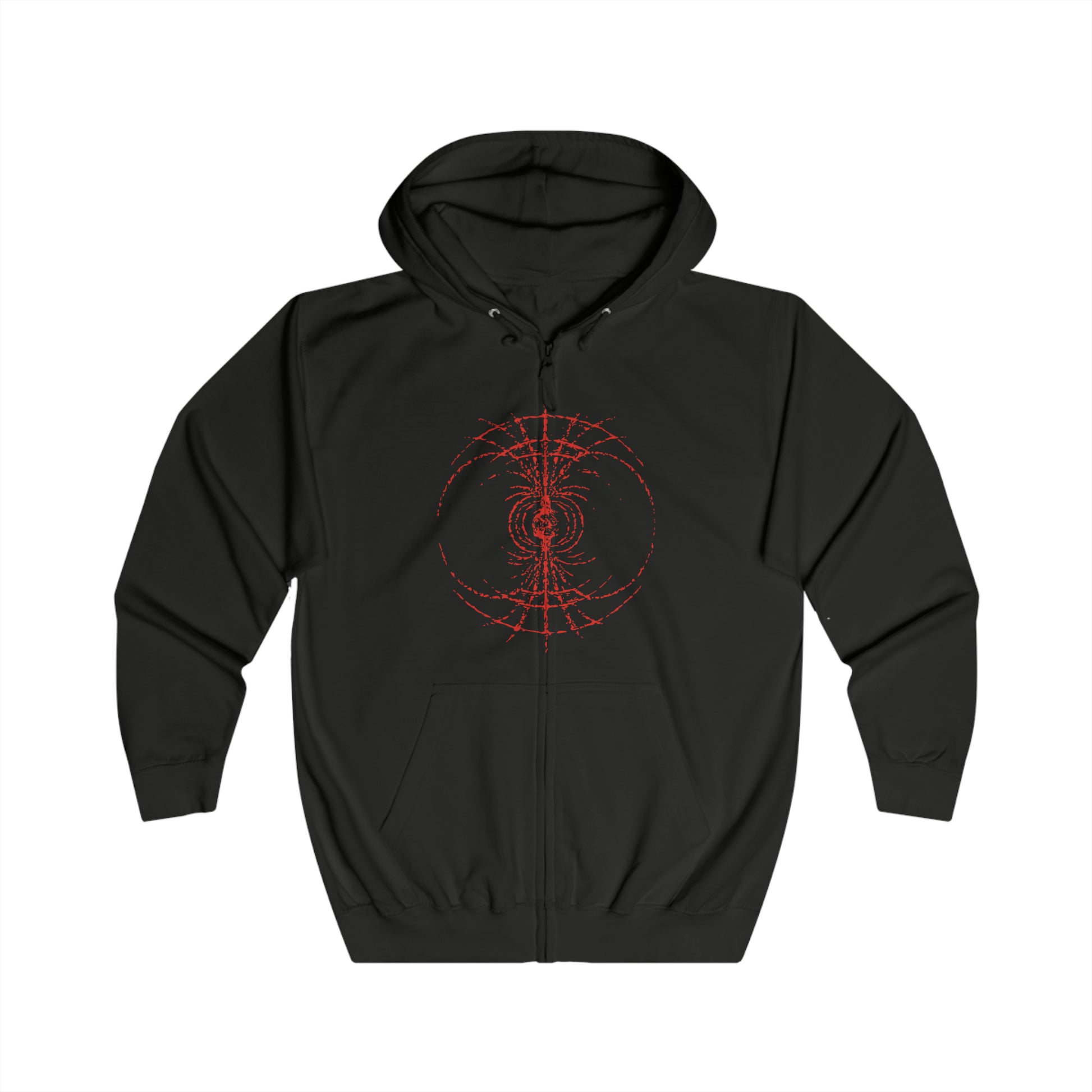 Image 4 of a Zip-up Hooded Sweatshirt featuring the Radahn Festival from Elden Ring, the legendary gathering where warriors from across the Lands Between unite to challenge General Radahn, the Starscourge. Held in the ruins of Redmane Castle, the festival celebrates bravery, madness, and cosmic tragedy. This design captures the grandeur of the event—heroes charging beneath the scarlet skies of Caelid to face the demigod astride his spectral steed, Leonard.