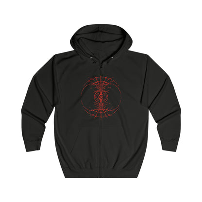 Image 4 of a Zip-up Hooded Sweatshirt featuring the Radahn Festival from Elden Ring, the legendary gathering where warriors from across the Lands Between unite to challenge General Radahn, the Starscourge. Held in the ruins of Redmane Castle, the festival celebrates bravery, madness, and cosmic tragedy. This design captures the grandeur of the event—heroes charging beneath the scarlet skies of Caelid to face the demigod astride his spectral steed, Leonard.