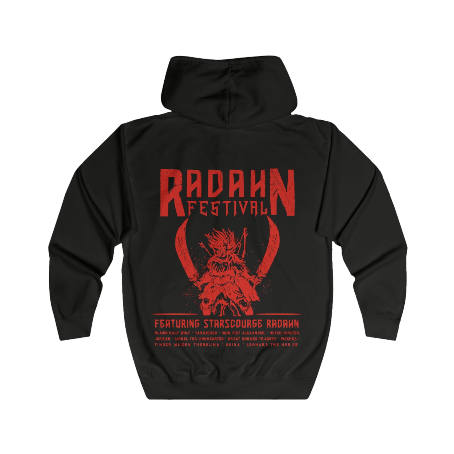 Folded Zip-up Hooded Sweatshirt featuring the Radahn Festival from Elden Ring, the legendary gathering where warriors from across the Lands Between unite to challenge General Radahn, the Starscourge. Held in the ruins of Redmane Castle, the festival celebrates bravery, madness, and cosmic tragedy. This design captures the grandeur of the event—heroes charging beneath the scarlet skies of Caelid to face the demigod astride his spectral steed, Leonard.