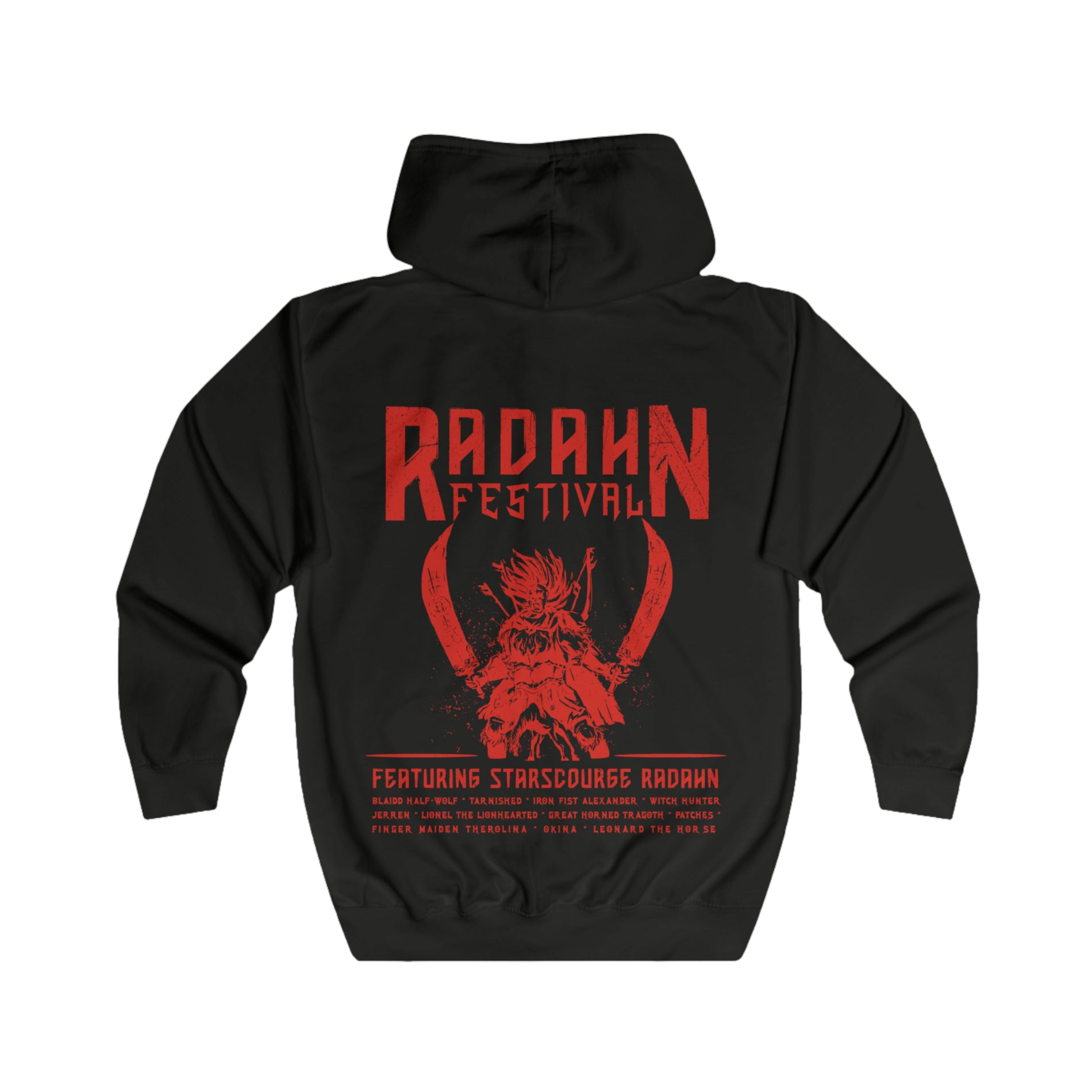 Folded Zip-up Hooded Sweatshirt featuring the Radahn Festival from Elden Ring, the legendary gathering where warriors from across the Lands Between unite to challenge General Radahn, the Starscourge. Held in the ruins of Redmane Castle, the festival celebrates bravery, madness, and cosmic tragedy. This design captures the grandeur of the event—heroes charging beneath the scarlet skies of Caelid to face the demigod astride his spectral steed, Leonard.