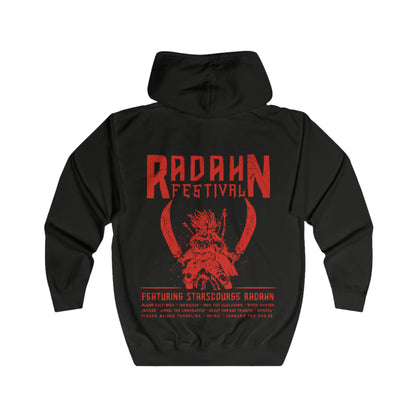 Folded Zip-up Hooded Sweatshirt featuring the Radahn Festival from Elden Ring, the legendary gathering where warriors from across the Lands Between unite to challenge General Radahn, the Starscourge. Held in the ruins of Redmane Castle, the festival celebrates bravery, madness, and cosmic tragedy. This design captures the grandeur of the event—heroes charging beneath the scarlet skies of Caelid to face the demigod astride his spectral steed, Leonard.