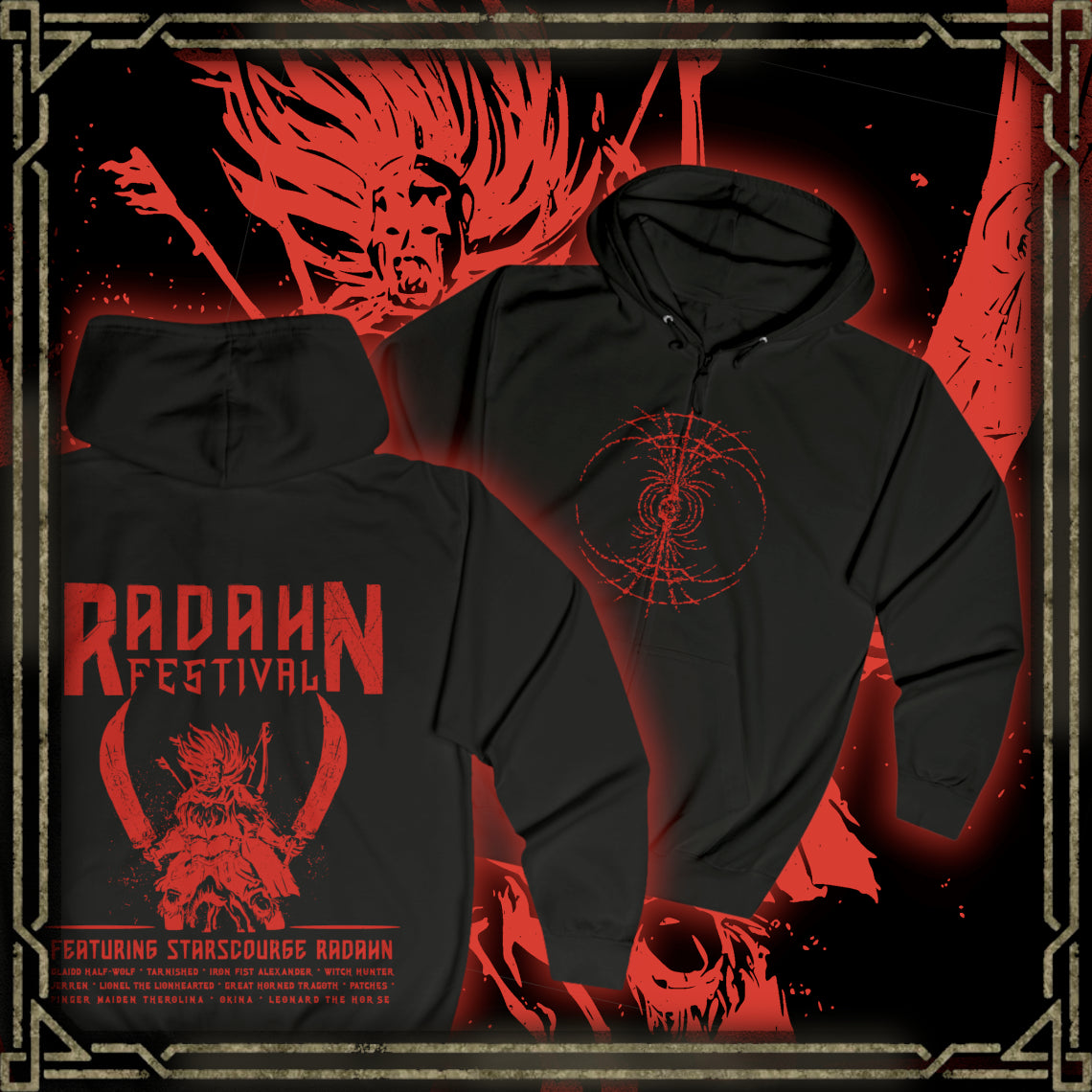 Thumbnail of a Zip-up Hooded Sweatshirt featuring the Radahn Festival from Elden Ring, the legendary gathering where warriors from across the Lands Between unite to challenge General Radahn, the Starscourge. Held in the ruins of Redmane Castle, the festival celebrates bravery, madness, and cosmic tragedy. This design captures the grandeur of the event—heroes charging beneath the scarlet skies of Caelid to face the demigod astride his spectral steed, Leonard.