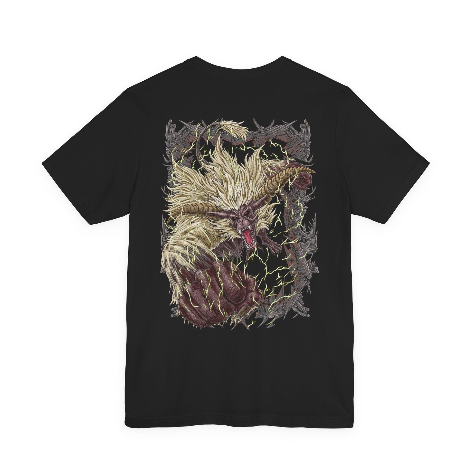 Image 5 of a T-shirt artwork depicting Furious Rajang charging forward with electrified fists, arcs of thunder exploding from its body as the ground fractures beneath its weight. Its glowing eyes burn with primal rage while the air distorts with energy. This design reflects the monster’s terrifying speed, overwhelming power, and reputation as one of the most dangerous beasts in the series.
