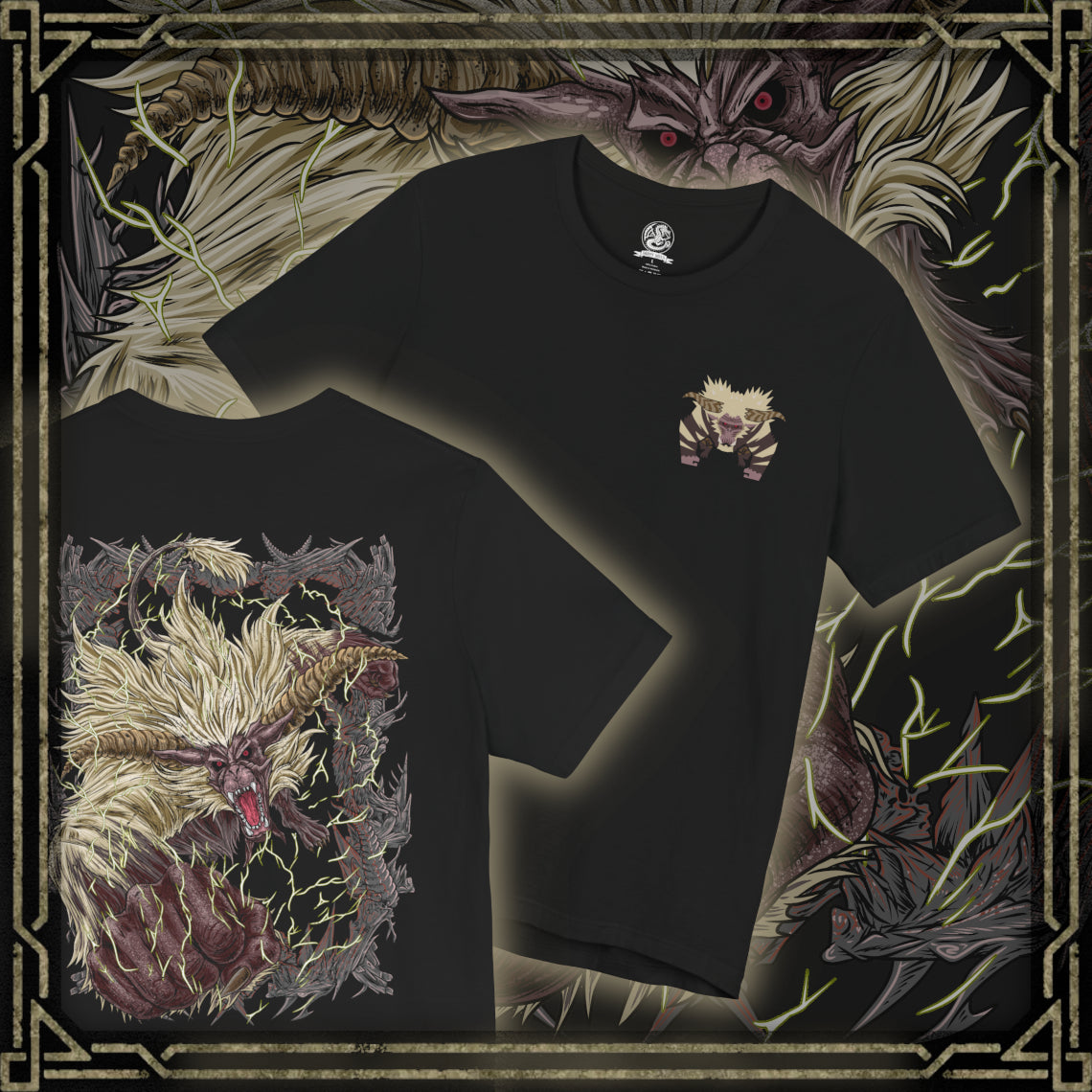 Thumbnail of a T-shirt artwork depicting Furious Rajang charging forward with electrified fists, arcs of thunder exploding from its body as the ground fractures beneath its weight. Its glowing eyes burn with primal rage while the air distorts with energy. This design reflects the monster’s terrifying speed, overwhelming power, and reputation as one of the most dangerous beasts in the series.