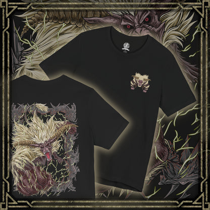 Thumbnail of a T-shirt artwork depicting Furious Rajang charging forward with electrified fists, arcs of thunder exploding from its body as the ground fractures beneath its weight. Its glowing eyes burn with primal rage while the air distorts with energy. This design reflects the monster’s terrifying speed, overwhelming power, and reputation as one of the most dangerous beasts in the series.