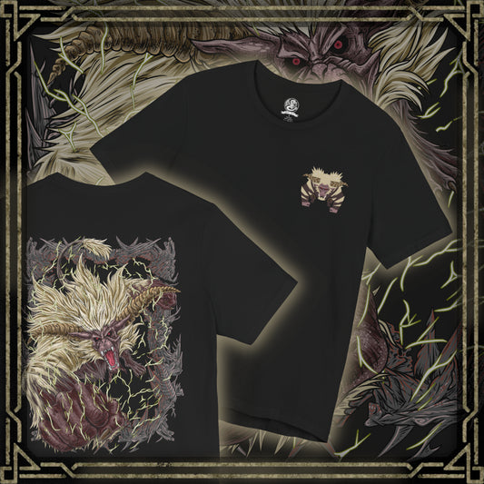 Thumbnail of a T-shirt artwork depicting Furious Rajang charging forward with electrified fists, arcs of thunder exploding from its body as the ground fractures beneath its weight. Its glowing eyes burn with primal rage while the air distorts with energy. This design reflects the monster’s terrifying speed, overwhelming power, and reputation as one of the most dangerous beasts in the series.