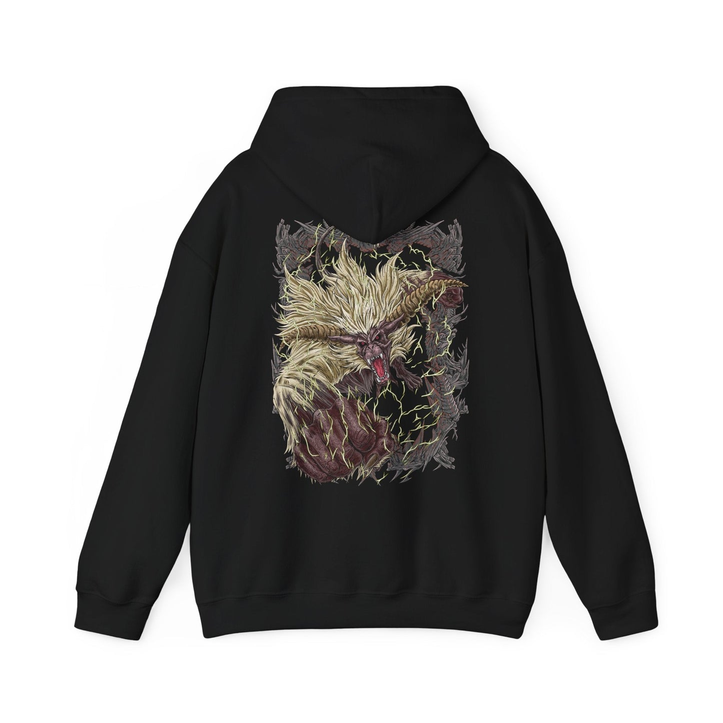 Image 5 of a Hooded Sweatshirt of Furious Rajang standing amid a shattered landscape, lightning surging through its body as it prepares to unleash devastating attacks. Its golden fur bristles with energy while the sky darkens above. The composition emphasizes chaos, destruction, and the raw, unrelenting force that defines Rajang at the peak of its fury.