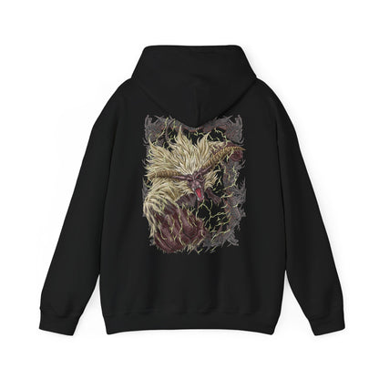 Image 5 of a Hooded Sweatshirt of Furious Rajang standing amid a shattered landscape, lightning surging through its body as it prepares to unleash devastating attacks. Its golden fur bristles with energy while the sky darkens above. The composition emphasizes chaos, destruction, and the raw, unrelenting force that defines Rajang at the peak of its fury.