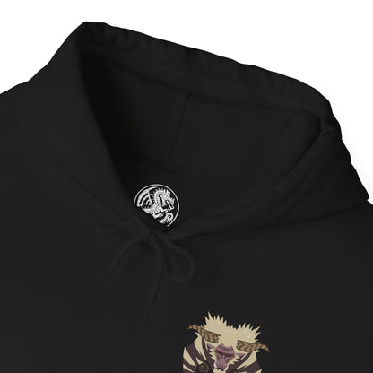 Folded Hooded Sweatshirt of Furious Rajang standing amid a shattered landscape, lightning surging through its body as it prepares to unleash devastating attacks. Its golden fur bristles with energy while the sky darkens above. The composition emphasizes chaos, destruction, and the raw, unrelenting force that defines Rajang at the peak of its fury.