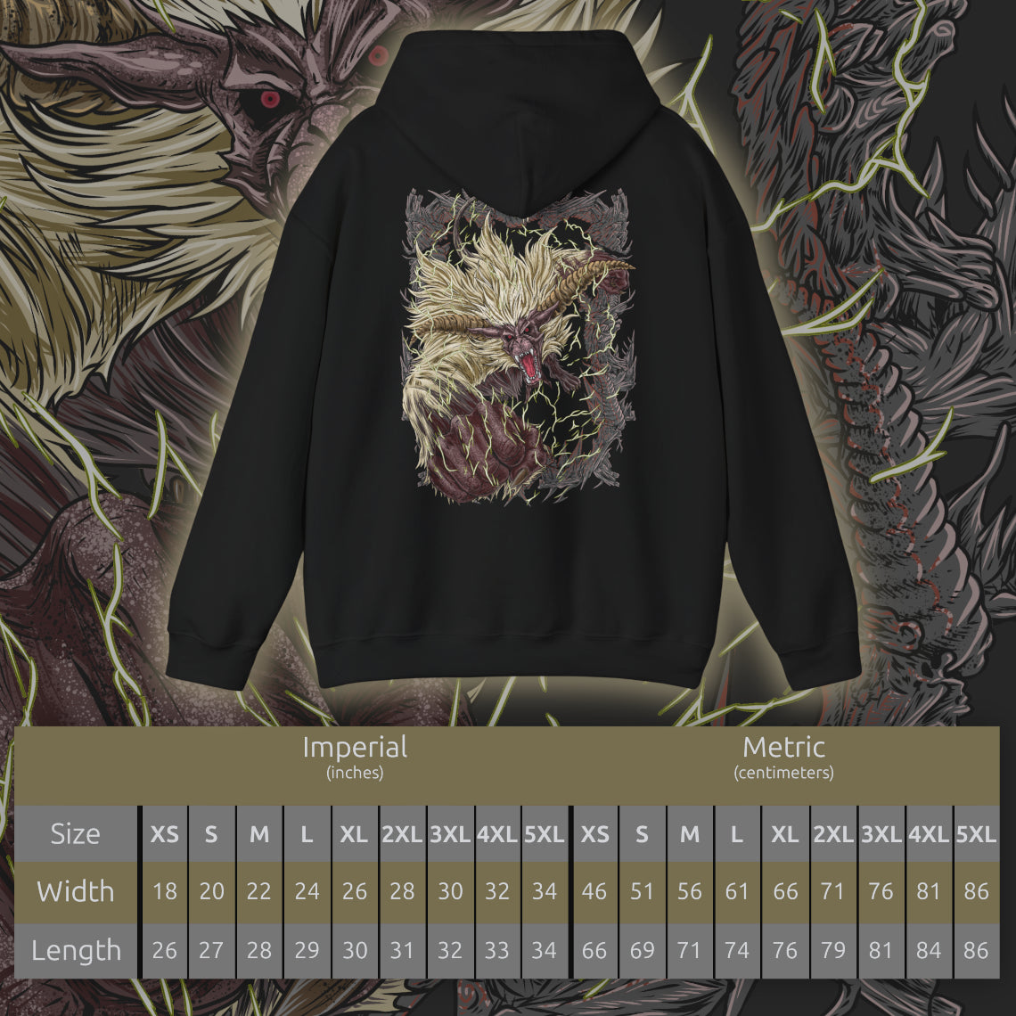 Size chart of a Hooded Sweatshirt of Furious Rajang standing amid a shattered landscape, lightning surging through its body as it prepares to unleash devastating attacks. Its golden fur bristles with energy while the sky darkens above. The composition emphasizes chaos, destruction, and the raw, unrelenting force that defines Rajang at the peak of its fury.