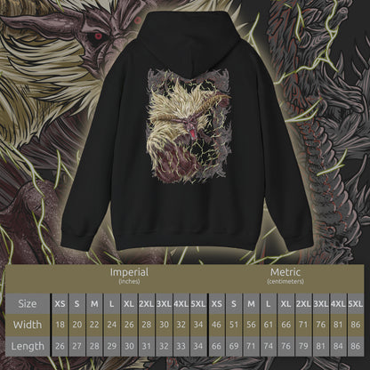 Size chart of a Hooded Sweatshirt of Furious Rajang standing amid a shattered landscape, lightning surging through its body as it prepares to unleash devastating attacks. Its golden fur bristles with energy while the sky darkens above. The composition emphasizes chaos, destruction, and the raw, unrelenting force that defines Rajang at the peak of its fury.