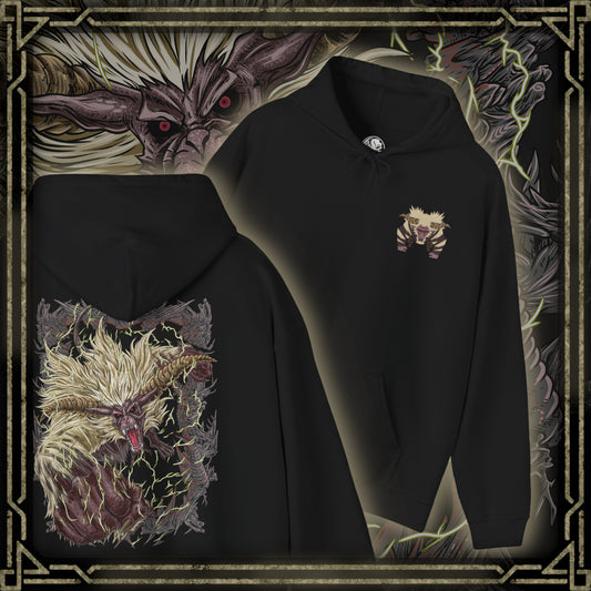 Thumbnail of a Hooded Sweatshirt of Furious Rajang standing amid a shattered landscape, lightning surging through its body as it prepares to unleash devastating attacks. Its golden fur bristles with energy while the sky darkens above. The composition emphasizes chaos, destruction, and the raw, unrelenting force that defines Rajang at the peak of its fury.