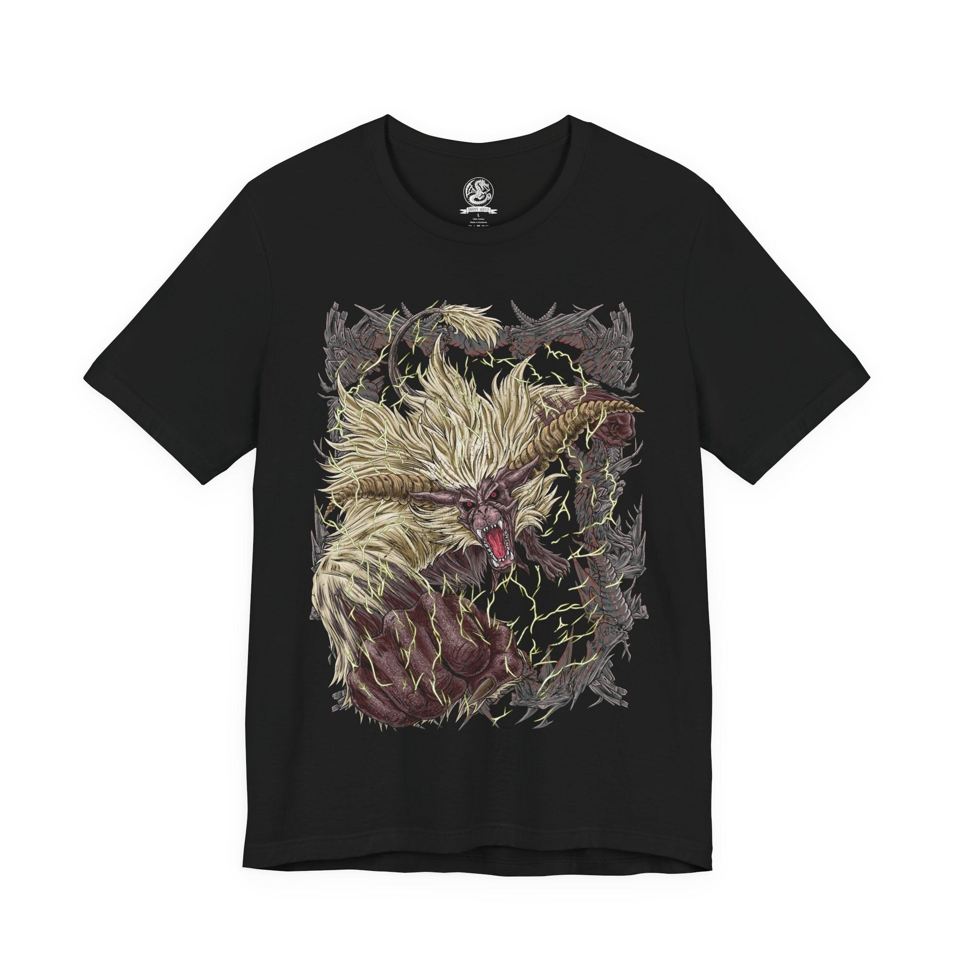 Image 4 of a T-shirt design of Furious Rajang from Monster Hunter, erupting in golden rage as lightning crackles across its fur and massive muscles surge with power. Its glowing horns blaze with energy while it roars into the storm, tearing apart the battlefield. The design captures Rajang’s enraged state, symbolizing unstoppable aggression, raw strength, and uncontrollable fury unleashed.