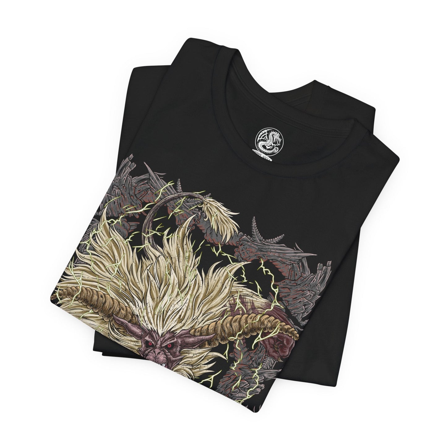 Image 5 of a T-shirt design of Furious Rajang from Monster Hunter, erupting in golden rage as lightning crackles across its fur and massive muscles surge with power. Its glowing horns blaze with energy while it roars into the storm, tearing apart the battlefield. The design captures Rajang’s enraged state, symbolizing unstoppable aggression, raw strength, and uncontrollable fury unleashed.
