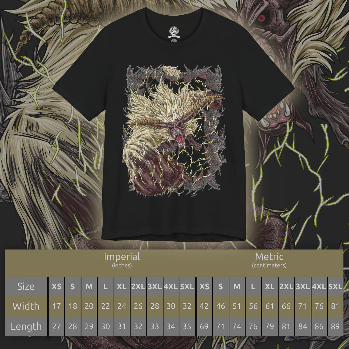 Size chart of a T-shirt design of Furious Rajang from Monster Hunter, erupting in golden rage as lightning crackles across its fur and massive muscles surge with power. Its glowing horns blaze with energy while it roars into the storm, tearing apart the battlefield. The design captures Rajang’s enraged state, symbolizing unstoppable aggression, raw strength, and uncontrollable fury unleashed.