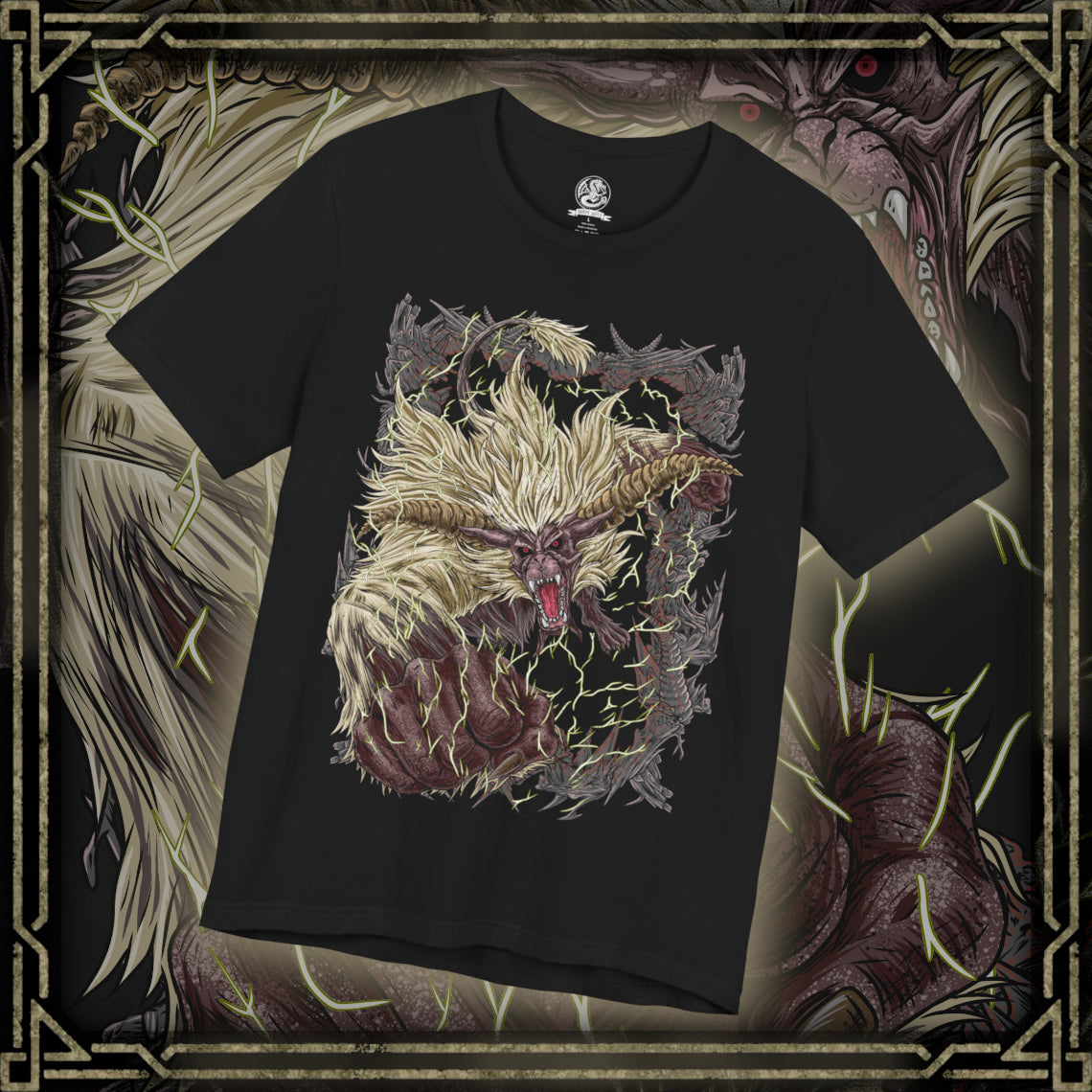 Thumbnail of a T-shirt design of Furious Rajang from Monster Hunter, erupting in golden rage as lightning crackles across its fur and massive muscles surge with power. Its glowing horns blaze with energy while it roars into the storm, tearing apart the battlefield. The design captures Rajang’s enraged state, symbolizing unstoppable aggression, raw strength, and uncontrollable fury unleashed.