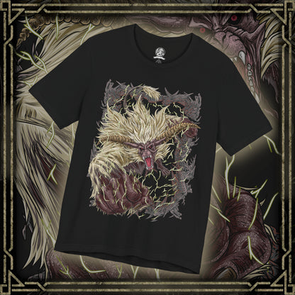 Thumbnail of a T-shirt design of Furious Rajang from Monster Hunter, erupting in golden rage as lightning crackles across its fur and massive muscles surge with power. Its glowing horns blaze with energy while it roars into the storm, tearing apart the battlefield. The design captures Rajang’s enraged state, symbolizing unstoppable aggression, raw strength, and uncontrollable fury unleashed.