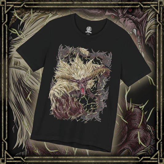 Thumbnail of a T-shirt design of Furious Rajang from Monster Hunter, erupting in golden rage as lightning crackles across its fur and massive muscles surge with power. Its glowing horns blaze with energy while it roars into the storm, tearing apart the battlefield. The design captures Rajang’s enraged state, symbolizing unstoppable aggression, raw strength, and uncontrollable fury unleashed.
