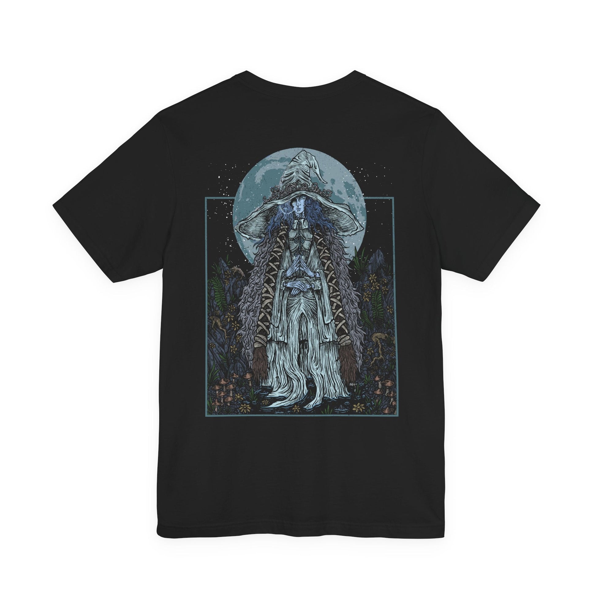 Image 5 of a T-shirt design of Ranni the Witch from Elden Ring, the mysterious Lunar Princess who rejected the Greater Will and cast aside her mortal body. Bathed in cold moonlight, Ranni’s spectral blue form stands beneath the stars as snow and arcane sigils drift through the night. The design captures her quiet defiance, cosmic destiny, and the path toward the Age of Stars.