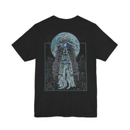 Image 5 of a T-shirt design of Ranni the Witch from Elden Ring, the mysterious Lunar Princess who rejected the Greater Will and cast aside her mortal body. Bathed in cold moonlight, Ranni’s spectral blue form stands beneath the stars as snow and arcane sigils drift through the night. The design captures her quiet defiance, cosmic destiny, and the path toward the Age of Stars.