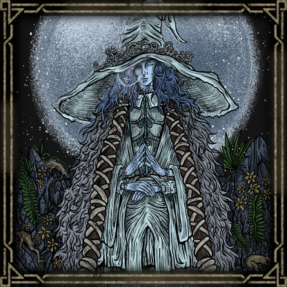 Fanart of Ranni the Witch. Born of Rennala and Radagon, Ranni is both heir to sorcery and blood of the gods. She turned against the Golden Order, orchestrating the Night of the Black Knives to free herself from divine control. As the Lunar Princess, her calm rebellion and celestial power lead the Tarnished toward an ending beyond the reach of light — an age shaped by her eternal will.