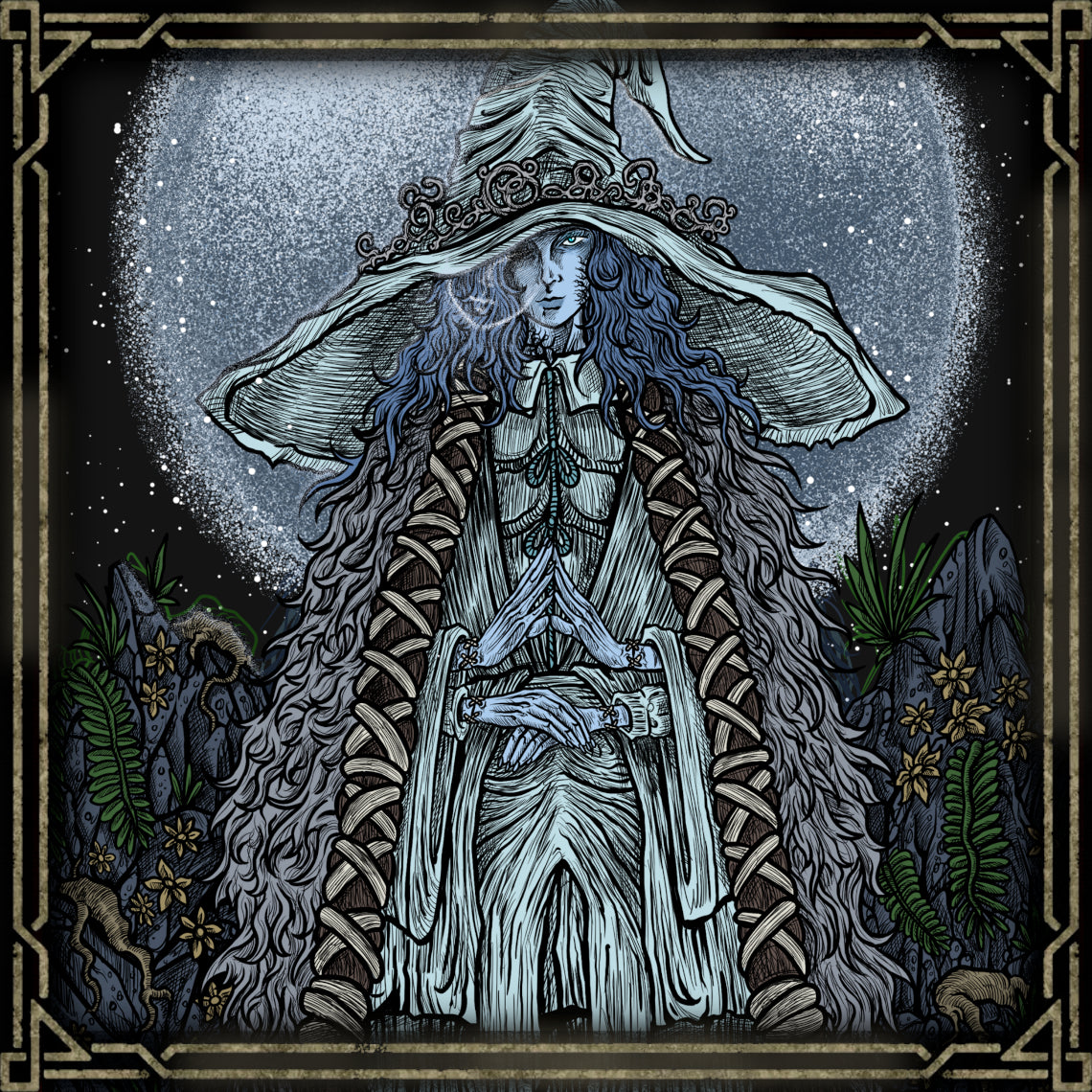 Artwork of Ranni the Witch Grim. Ranni the Witch is a demigod who rejected the Greater Will by casting off her own flesh in a chilling ritual. Bound to a doll’s body, she manipulates fate from the shadows, orchestrating the fall of divine order. Her path is one of death, defiance, and cosmic ambition—marked by sacrifice, betrayal, and a cold pursuit of a new age beneath the stars.