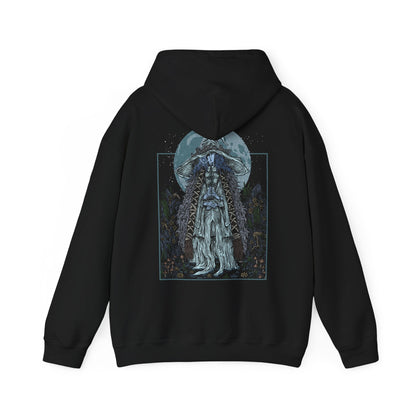 Image 5 of a Hooded Sweatshirt showcasing Ranni the Witch from Elden Ring, the enigmatic sorceress who severed her Great Rune and turned her back on the Golden Order. Known for her spectral four-armed doll form and piercing cold gaze, Ranni commands a fate written in moonlight. Her journey intertwines deeply with death, betrayal, and the Age of Stars ending, making her one of the most beloved and pivotal characters in the Lands Between.
