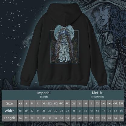 Size chart of a Hooded Sweatshirt showcasing Ranni the Witch from Elden Ring, the enigmatic sorceress who severed her Great Rune and turned her back on the Golden Order. Known for her spectral four-armed doll form and piercing cold gaze, Ranni commands a fate written in moonlight. Her journey intertwines deeply with death, betrayal, and the Age of Stars ending, making her one of the most beloved and pivotal characters in the Lands Between.
