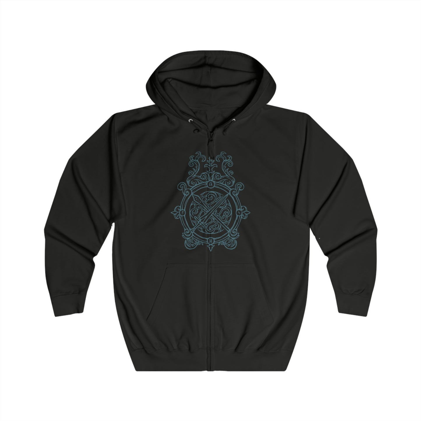Image 4 of a Zip-up Hooded Sweatshirt featuring Ranni the Witch from Elden Ring, the mysterious Lunar Princess who defied the Greater Will and cast aside her mortal flesh. With her ghostly blue form and cold wisdom, Ranni guides the Tarnished toward the Age of Stars. This design captures her ethereal presence beneath a starlit sky, symbolizing fate, rebellion, and the beauty of the cosmos.