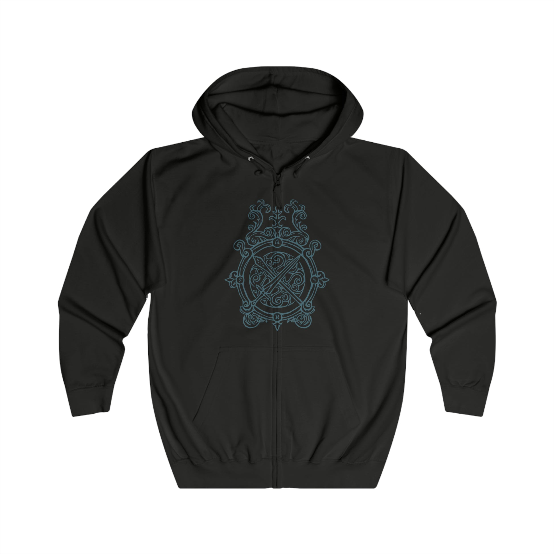 Image 4 of a Zip-up Hooded Sweatshirt featuring Ranni the Witch from Elden Ring, the mysterious Lunar Princess who defied the Greater Will and cast aside her mortal flesh. With her ghostly blue form and cold wisdom, Ranni guides the Tarnished toward the Age of Stars. This design captures her ethereal presence beneath a starlit sky, symbolizing fate, rebellion, and the beauty of the cosmos.