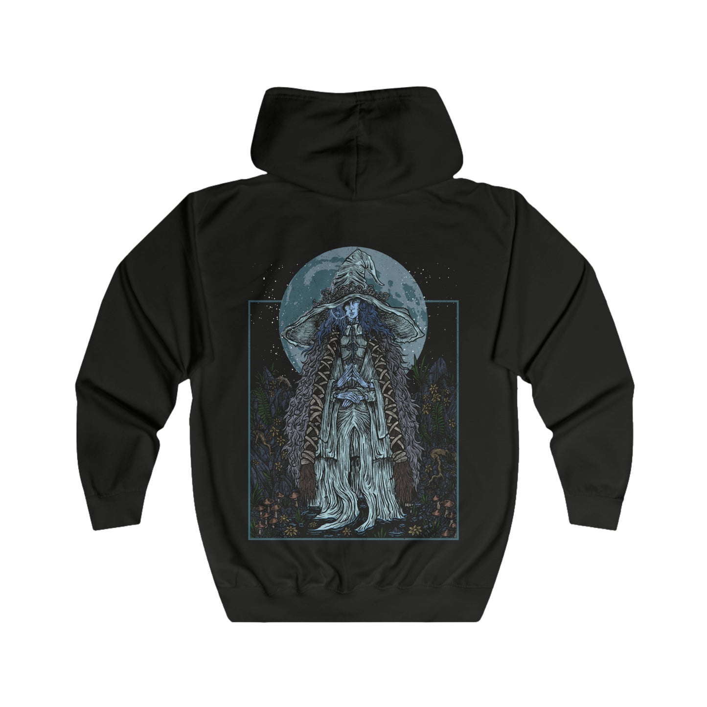 Folded Zip-up Hooded Sweatshirt featuring Ranni the Witch from Elden Ring, the mysterious Lunar Princess who defied the Greater Will and cast aside her mortal flesh. With her ghostly blue form and cold wisdom, Ranni guides the Tarnished toward the Age of Stars. This design captures her ethereal presence beneath a starlit sky, symbolizing fate, rebellion, and the beauty of the cosmos.