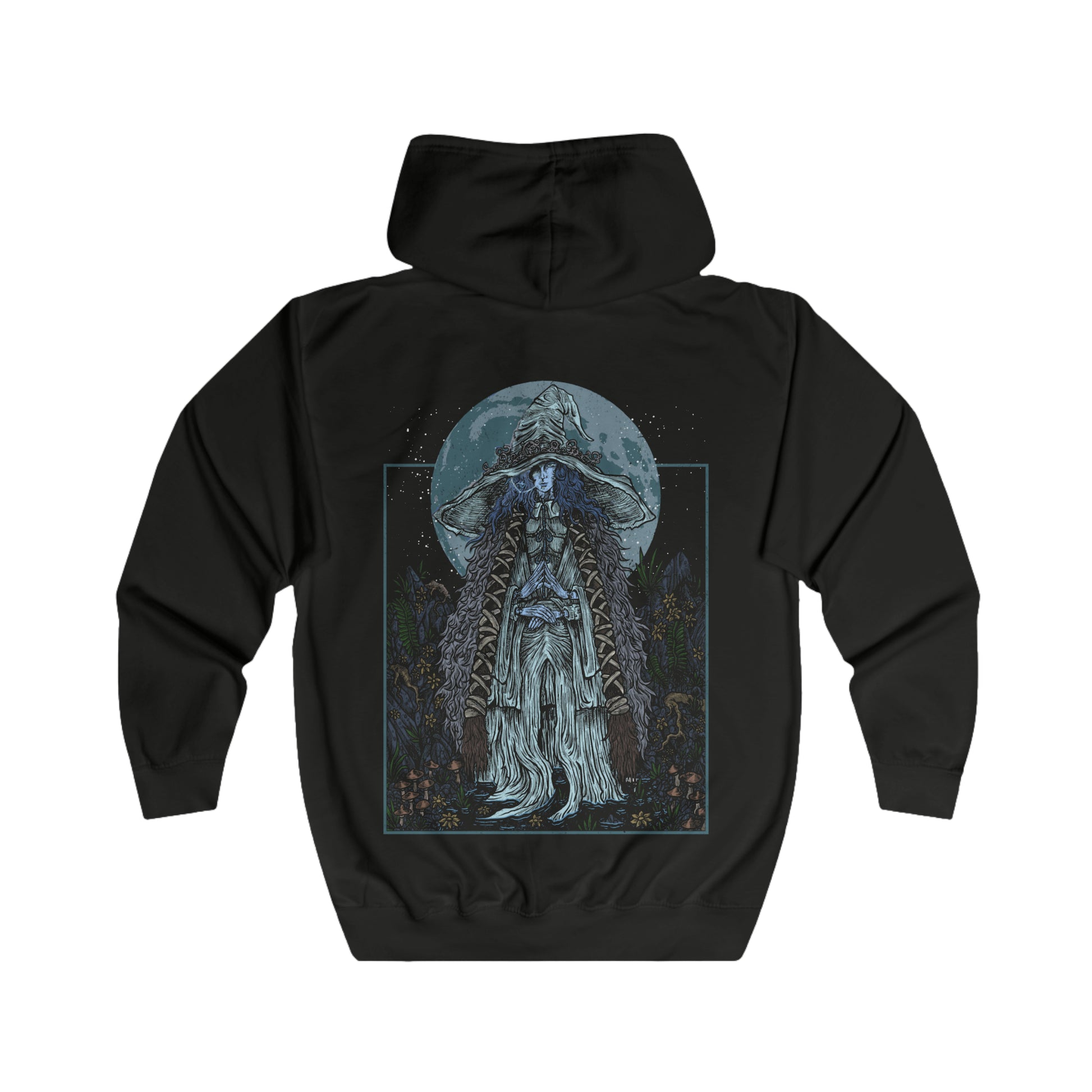 Folded Zip-up Hooded Sweatshirt featuring Ranni the Witch from Elden Ring, the mysterious Lunar Princess who defied the Greater Will and cast aside her mortal flesh. With her ghostly blue form and cold wisdom, Ranni guides the Tarnished toward the Age of Stars. This design captures her ethereal presence beneath a starlit sky, symbolizing fate, rebellion, and the beauty of the cosmos.