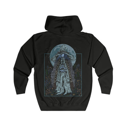 Folded Zip-up Hooded Sweatshirt featuring Ranni the Witch from Elden Ring, the mysterious Lunar Princess who defied the Greater Will and cast aside her mortal flesh. With her ghostly blue form and cold wisdom, Ranni guides the Tarnished toward the Age of Stars. This design captures her ethereal presence beneath a starlit sky, symbolizing fate, rebellion, and the beauty of the cosmos.