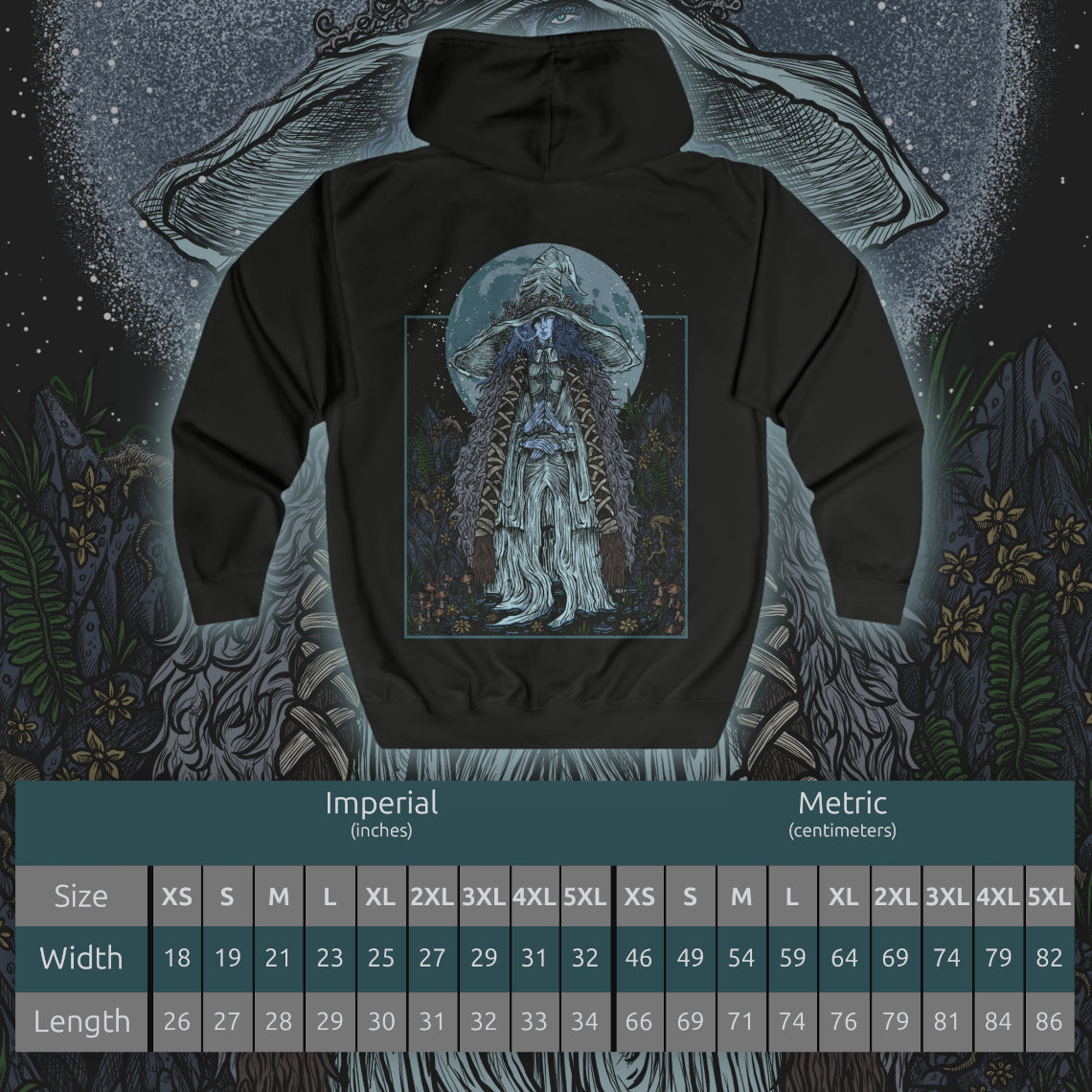 Size chart of a Zip-up Hooded Sweatshirt featuring Ranni the Witch from Elden Ring, the mysterious Lunar Princess who defied the Greater Will and cast aside her mortal flesh. With her ghostly blue form and cold wisdom, Ranni guides the Tarnished toward the Age of Stars. This design captures her ethereal presence beneath a starlit sky, symbolizing fate, rebellion, and the beauty of the cosmos.