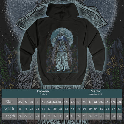 Size chart of a Zip-up Hooded Sweatshirt featuring Ranni the Witch from Elden Ring, the mysterious Lunar Princess who defied the Greater Will and cast aside her mortal flesh. With her ghostly blue form and cold wisdom, Ranni guides the Tarnished toward the Age of Stars. This design captures her ethereal presence beneath a starlit sky, symbolizing fate, rebellion, and the beauty of the cosmos.