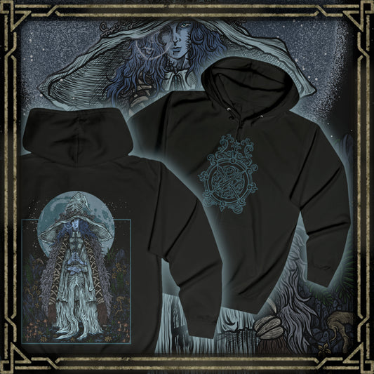 Thumbnail of a Zip-up Hooded Sweatshirt featuring Ranni the Witch from Elden Ring, the mysterious Lunar Princess who defied the Greater Will and cast aside her mortal flesh. With her ghostly blue form and cold wisdom, Ranni guides the Tarnished toward the Age of Stars. This design captures her ethereal presence beneath a starlit sky, symbolizing fate, rebellion, and the beauty of the cosmos.