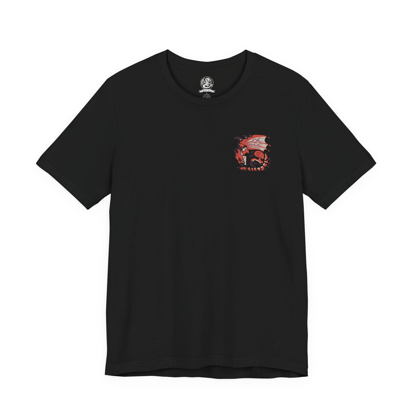 Image 4 of a T-shirt artwork depicting Rathalos diving from the sky with blazing fire breath, its talons extended toward unseen prey. Jagged cliffs and burning terrain surround the scene as embers scatter through the air. This design reflects the monster’s ferocity, territorial nature, and iconic role as one of the most feared wyverns in the Monster Hunter world.