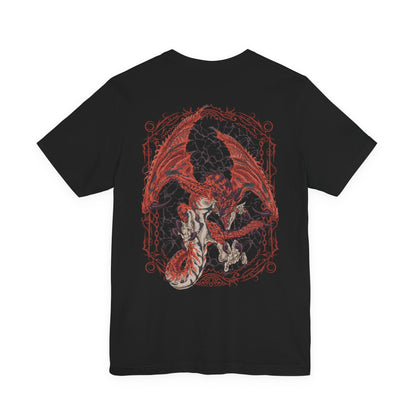 Image 5 of a T-shirt artwork depicting Rathalos diving from the sky with blazing fire breath, its talons extended toward unseen prey. Jagged cliffs and burning terrain surround the scene as embers scatter through the air. This design reflects the monster’s ferocity, territorial nature, and iconic role as one of the most feared wyverns in the Monster Hunter world.
