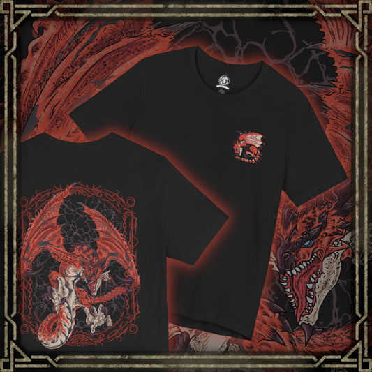 Thumbnail of a T-shirt artwork depicting Rathalos diving from the sky with blazing fire breath, its talons extended toward unseen prey. Jagged cliffs and burning terrain surround the scene as embers scatter through the air. This design reflects the monster’s ferocity, territorial nature, and iconic role as one of the most feared wyverns in the Monster Hunter world.